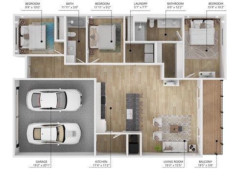 Floor plan for 3 beds, 2 baths, 1330 sqft
